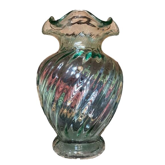 Fenton Elegant Green Clear Swirl Glass Vase Ruffle Top Centerpiece Flowers - Picture 2 of 11